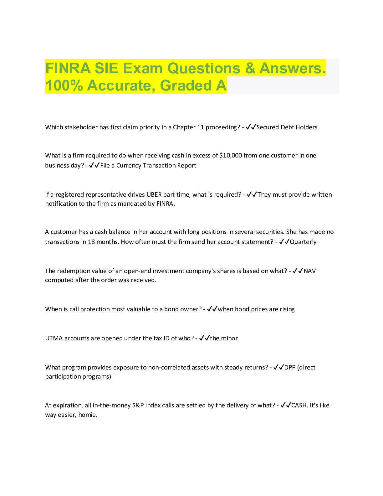 Preview image for FINRA SIE Exam Questions & Answers.  100% Accurate, Graded A